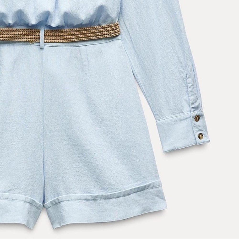 Zara Light Blue Linen Blend Belted romper - size small - Picture 2 of 10